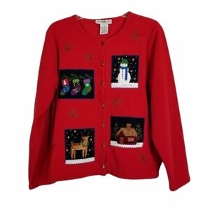 Boxy Fleece Cardigan Shirt Jacket Button Christmas Red Soft Snowman Winter Scene